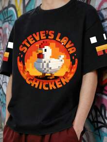 Youth Cartoon Lava Chicken Print Short Sleeve T-Shirt, Pixel Style, Soft Fabric Spring/Summer Top - Black - View 1