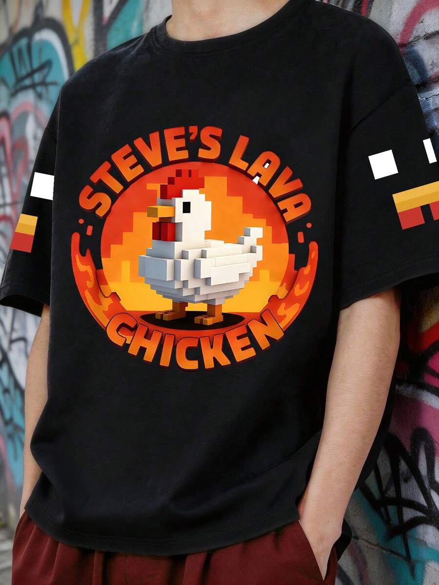 Youth Cartoon Lava Chicken Print Short Sleeve T-Shirt, Pixel Style, Soft Fabric Spring/Summer Top - Black - View 1