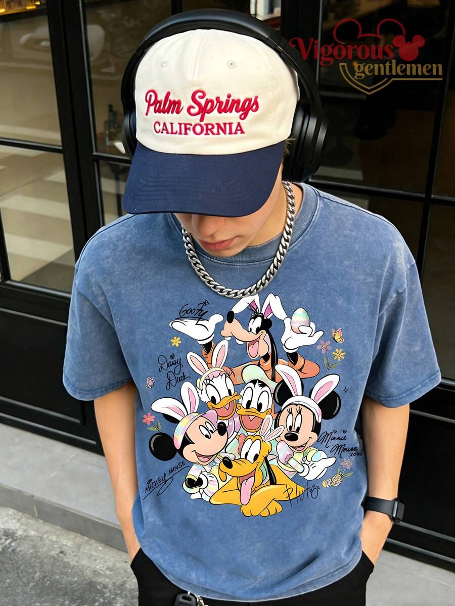 Disney Classic Characters Bunny Ears Signature Vintage Wash T-Shirt - 寶藍色 - 查看 1