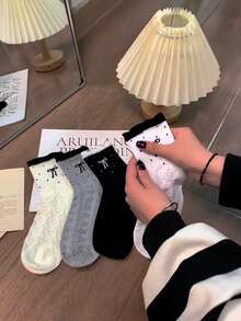4 Pairs Random Spring/Summer Bowknot Embossed Bubble Mesh Ruffle Mid-Calf Socks, Student Ins Style - Multicolor - View 5