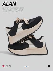 Alan Vincent [免费退换货] [旅行者系列] 春季新款黑色厚底运动鞋，舒适时尚厚底鞋，休闲运动鞋，女士户外派对鞋，百搭日常鞋 - 黑色 - 查看 9