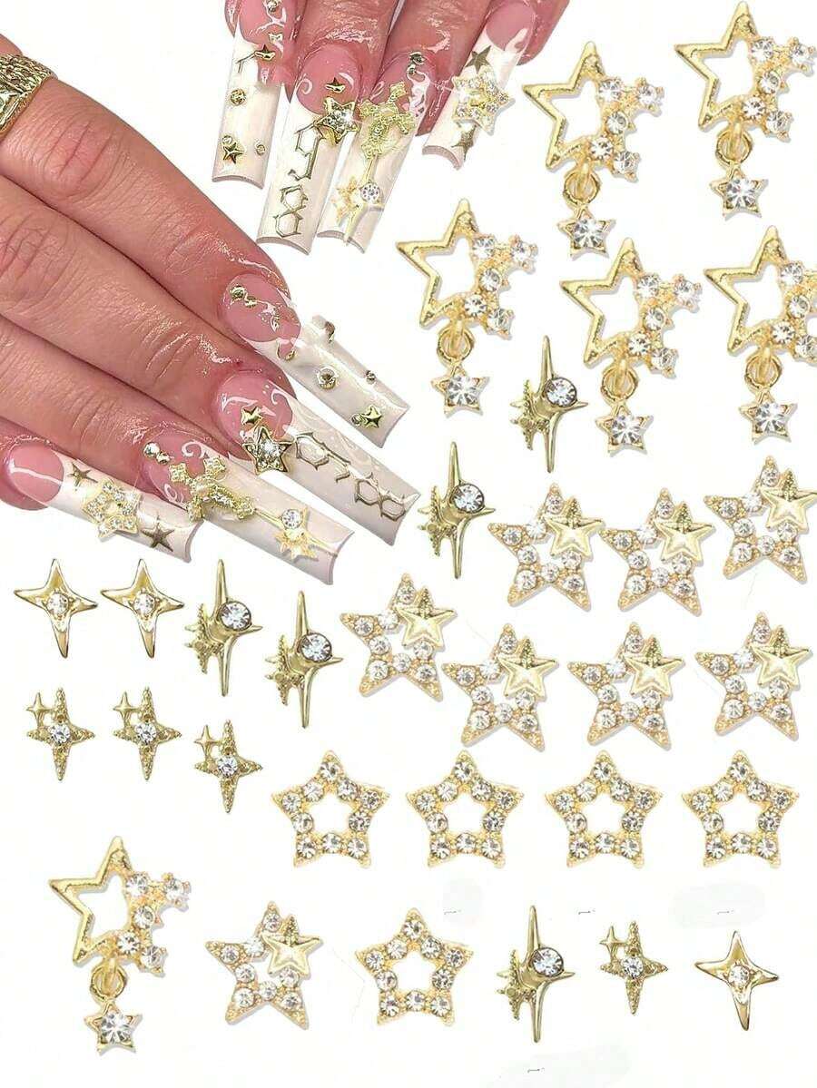 30pcs Gold Star Nail Art Decorations, Shiny 3D Star Nail Gems, Starry Nail Art Accessories, Y2K Style Decor, Suitable For Acrylic Nail Decoration Nails Nail Supplies - Bạc - Xem 1