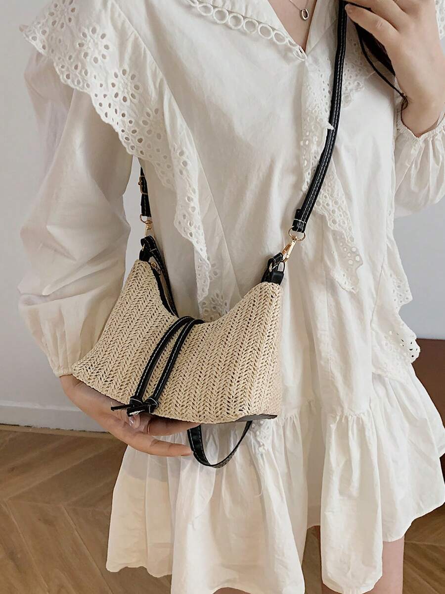 1pc Summer Beach Woven Shoulder Tote Bag, Straw Handbag For Women With Dual Shoulder Straps - Black - View 1