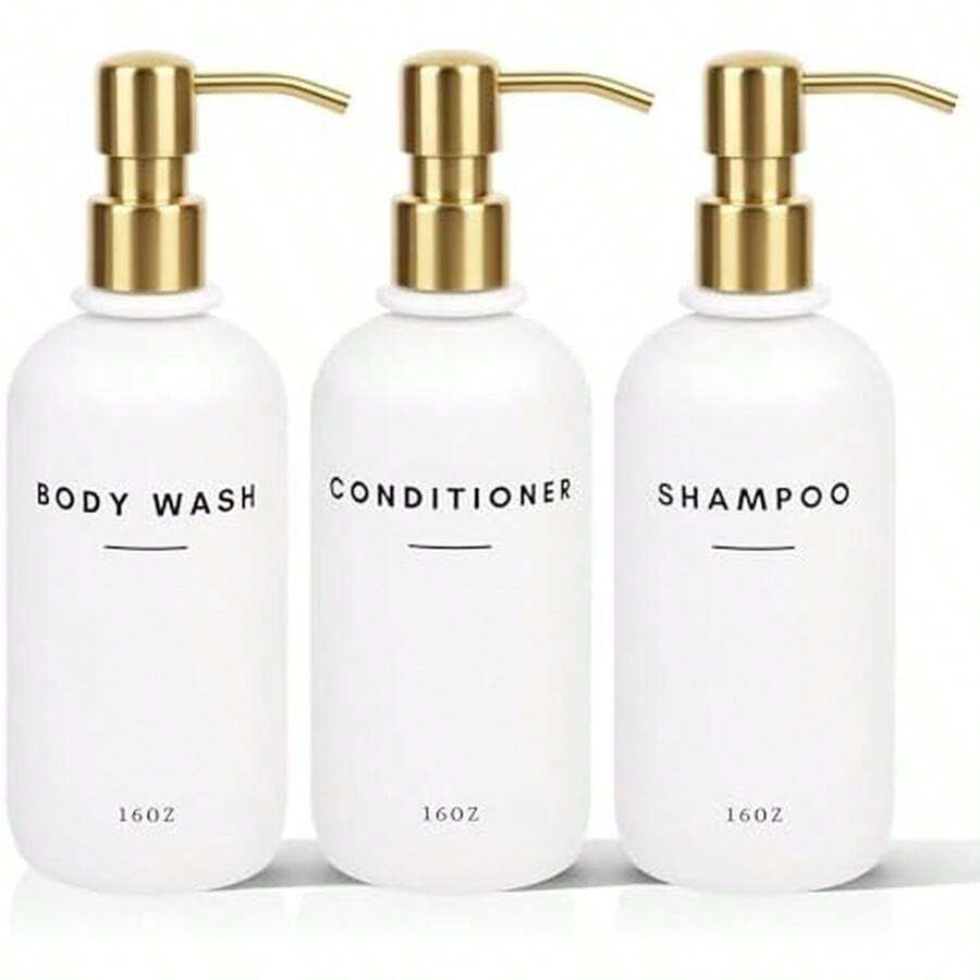 Set Of 3 Shampoo And Conditioner Dispenser Stainless Steel Pump Head - 16oz Durable Shower Soap Dispenser And Shampoo Bottles - Easy To Refill Bathroom Soap Dispenser Set Bathroom Decor With Labels - Vàng Trắng - Xem 1