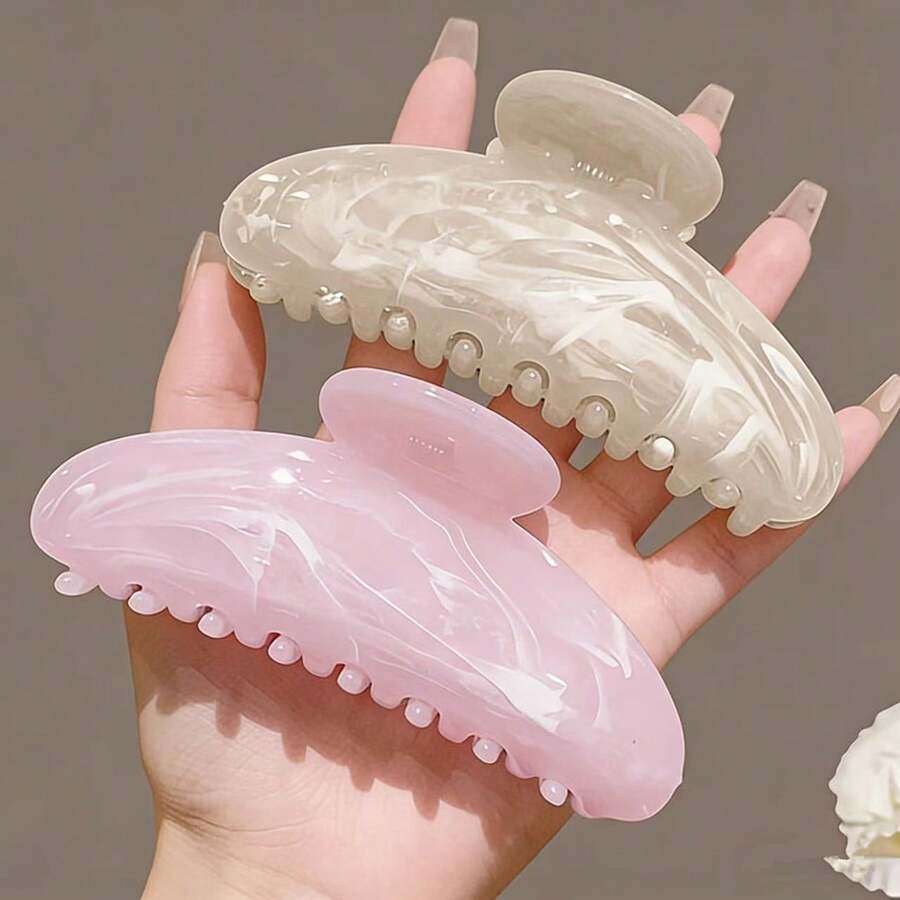 2pcs Minimalist Elegant Marble Texture Hair Clips, Sweet Accessory For Tea Party, Women & Students Summer Hair Accessories Beach Claw Clips Vacay,Holiday,Travel Beach Hair Claws,Festival,Birthday - Multicolor - View 1