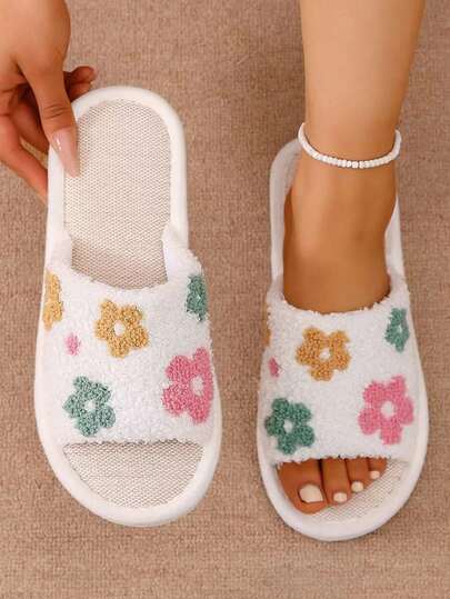 男女通用露趾花卉图案拖鞋，室内家居拖鞋
