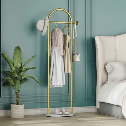 Clothing Rack, Golden Metal Freestanding Heavy Duty Clothes Rack With Marble Base, Multipurpose Garment Hanger For Bedroom, Hat, Scarf, Jacket,