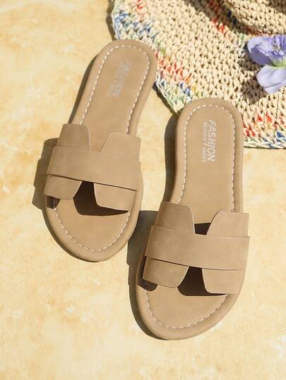 新款春夏时尚休闲单带凉拖鞋，女士舒适平底沙滩拖鞋，简约露趾凉鞋