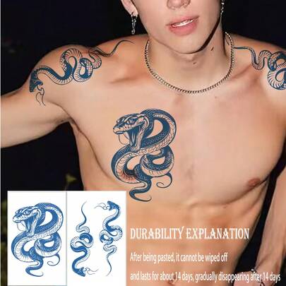 5pcs Vintage Gothic Style Herbal Juice Temporary Tattoos, 14-Day Lasting Snake Line Tattoo Stickers, Blue Semi-Permanent Floral Arm Tattoos, 24-48 Hours Developing, Waterproof Plant Extract Transfer Tattoos, Suitable For Summer Outings, Parties, Music Festivals