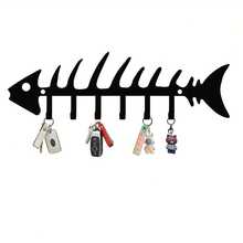 Ganchos de pared de metal con diseño de esqueleto de halibut para un almacenamiento elegante de llaves y organización del pasillo, decoración de pared industrial moderna para entradas, salas de estar, dormitorios y cocinas, soporte duradero de metal para llaves, acento de pared ahorrativo de espacio, solución funcional de organización del hogar, accesorio favorito como regalo para interiores contemporáneos - Negro - Ver 3