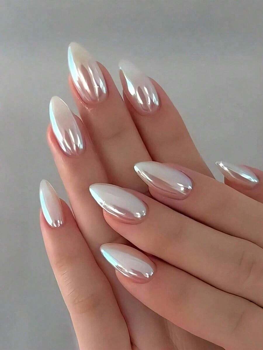 24pcs Vintage Street-Style Minimalist Elegant Daily Classic Pure White Aurora Almond Shaped Nail Stickers Set, Instantly Elevate Your Look, Suitable For Minimalist Girls And Ladies For Everyday Use And Shopping Nails Nail Supplies - 白色 - 查看 1