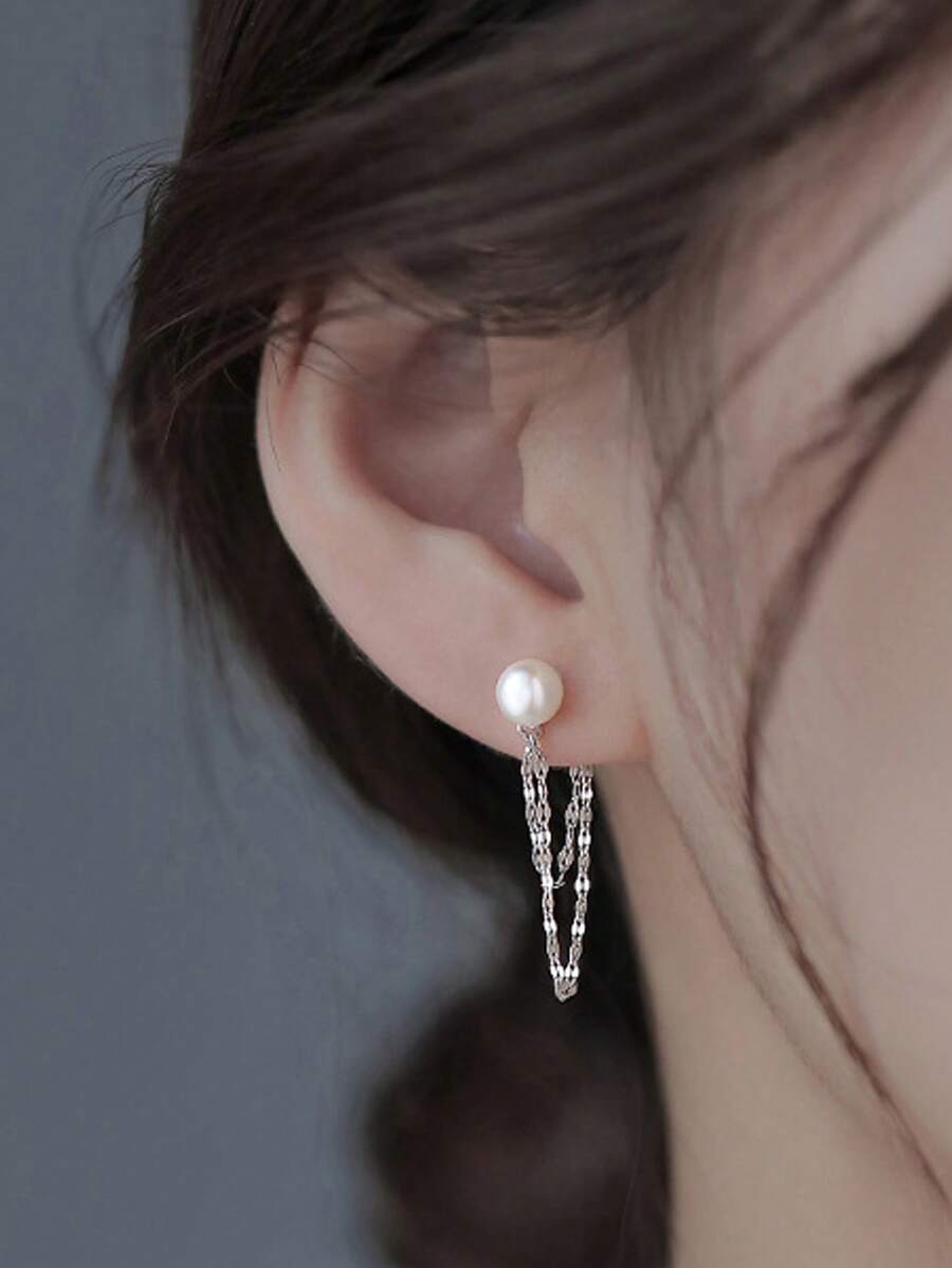 一对S925纯银简约优雅百搭小巧精致珍珠流苏耳环，适合女性日常佩戴，礼品 - 銀色 - 查看 1