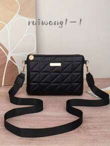 Bolso bandolera de mujer con patrón de rombos negros, diseño rombico de moda con correa ancha para el hombro, mini clutch adecuado para uso casual diario y ocasiones de fiesta - Negro - Ver 8