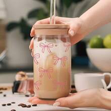 4件套 16盎司玻璃杯UV DTF转印贴纸（9.4x4.3英寸），无需加热，粉色蝴蝶结丝带美感，樱桃爱心豹纹简约花卉贴花，防水摩擦贴纸，适用于Libbey易拉罐、保温杯等DIY手工礼品，送给女性和女孩 - Bow 03 - 查看 9