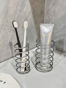 1个极简金属浴室牙刷架，桌面收纳架，化妆刷收纳架，镂空笔筒，浴室台面收纳罐，家居厨房装饰配件 - 銀色 - 查看 1