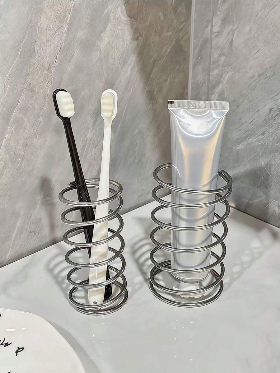 1个极简金属浴室牙刷架，桌面收纳架，化妆刷收纳架，镂空笔筒，浴室台面收纳罐，家居厨房装饰配件 - 銀色 - 查看 1