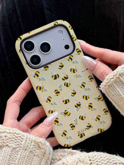 1个黄色底蜜蜂与野花图案设计手机壳，适用于 17 Pro Max，也适用于16/15/14 Pro Max，韩版时尚趣味手机壳，兼容11/12/13/14/15/16 Pro Max Plus，优雅设计男女皆宜，是圣诞节、情人节、复活节、婚礼季和生日送给女友的理想礼物