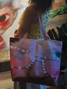 Back To School Oversized Pink Student Tote Bag, Large Capacity Shoulder Handbag For Hanging Out - Multicolor - View 3