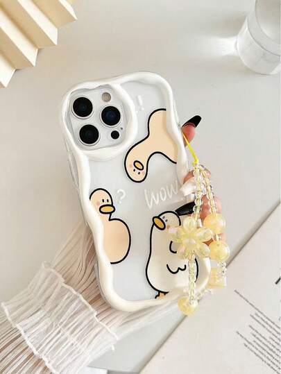 Ốp điện thoại chống rơi, in hình vịt, viền lượn sóng, bề mặt sơn bóng, kèm phụ kiện vòng tay hạt cườm, tương thích với iPhone 17pro/17Air/17/17promax/16/11/16pro/16plus/16promax/16e/15Promax/13/14/12/XS/XR/7G/8P, Galaxy 11/12Pro/12/12X/13Pro/14Pro/15Pro/, 10/9/Note9/12c/Note11pro/Note8Pro