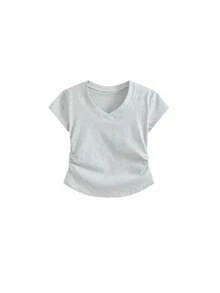 Áo thun ngắn tay cổ chữ V, thiết kế độc đáo, xếp ly ở eo, kiểu dáng ôm sát tôn dáng, phong cách thường ngày. - Xám - Xem 5