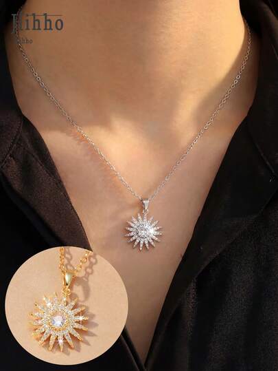 Hihho 1件闪亮向日葵造型锆石吊坠项链，法式复古高端优雅自由奔放不锈钢链项链，适合日常佩戴，送朋友的礼物