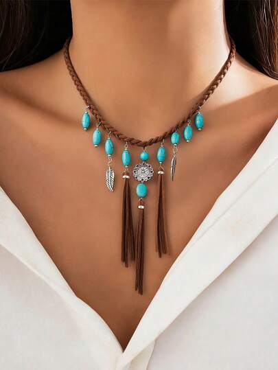 1件波西米亚风绿松石吊坠编织流苏项链，复古天鹅绒颈链，适合女性度假、节日、派对和日常佩戴