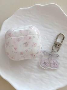 1pc Minimalist Floral Checkered Earphone Case With Flower Pendant, Compatible With Apple Pro 2nd Gen, 1/2/3/4, Bluetooth Wireless Earphones, Pro New Model, Girly Anti-Drop Earphone Box (Earphones Not Included) - White - View 2