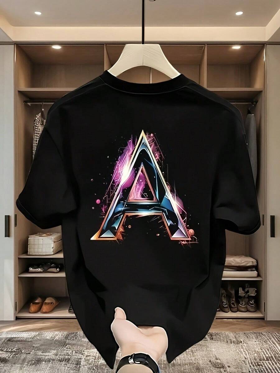 Women's Heavyweight 100kg Pure Cotton Printed T-Shirt - Bold Color-Blocked Letter "A" Print, Regular Fit, Short Sleeves, Crew Neck, Casual Summer Top, Suitable For Teenagers And Young Adults. - Black - View 1