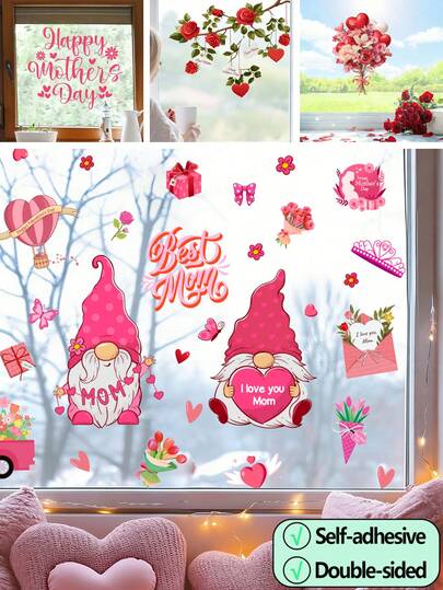 BRUP 1/4sheets Mother's Day Gnome Window Clings - Pink Heart Flower Stickers ,Mother's Day Decorations ,For Kids Room Glass Windows, Walls, Mirrors,Double-Sided Visibility