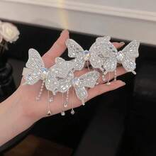 2pcs Women's Suitable Sweet, Elegant, Shiny Rhinestone Butterfly Tassel Duckbill Clip Hair Clip For Daily Use - Silver - View 6