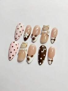 10片3D猫咪咖啡豆美甲贴纸，可爱手工凝胶假指甲，中号杏仁形，含果冻胶，情人节礼物 - 彩色 - 查看 2