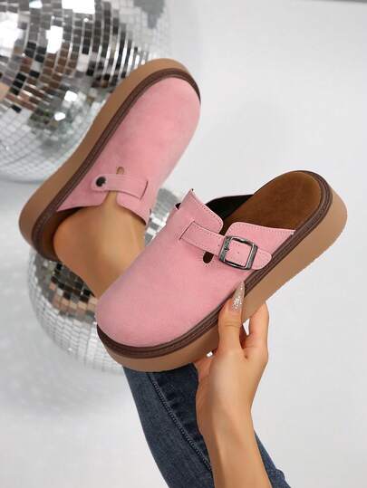 New Women Round Toe Fashion Thick Sole Slip-On Shoes, Khaki, Beige, Black, Brown, Versatile Outdoor Casual Mules