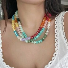 1pc Women's Refreshing Rainbow Acrylic Beaded Choker Necklace, Sweet Dopamine Inspired Necklace, Suitable For Daily Wear - Multicolor - View 1