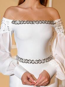 Elisanya 女士白色单肩褶皱珍珠手工水钻连衣裙，奢华优雅正式晚礼服，适合商务场合、婚礼宾客、鸡尾酒会、宴会、假日春季穿着。 - 白色 - 查看 11