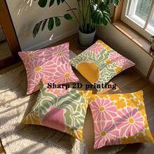 4pcs Groovy Floral Polyester Pillowcase - Bold Colorful Accents, Vibrant Pink, Orange And Coral Modern Abstract Floral Print Throw Pillow Covers, 45x45cm Square Zippered Pillow Shams, Machine Washable, Modern Decor For Living Room, Bedroom, Outdoor, Holiday Parties, Easy Care Fabric, Decorative Cushion Covers (No Pillow Insert) - Multicolor - View 8