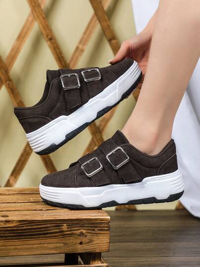 Women's Casual Sneakers, Dark Brown Leather Upper With No Laces, Buckle Design, Comfortable And Easy To Put On And Take Off, TPR Thick Sole, Non-Slip And Durable, Suitable For Daily Wear, Commuting, And Campus Activities, Large Size Unisex Loafers