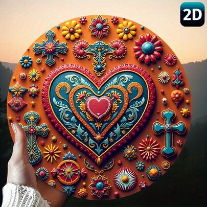 2D Flat, 1 Piece Mexican Folk Art Aluminum Wall Decoration - Bold Heart And Cross Design, Vibrant Bohemian Style Decor, Suitable For Diverse Living Spaces, 7.79inch Round Holiday Gift Idea, 2D Flat