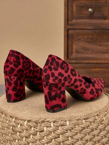 女士时尚红色豹纹一脚蹬乐福鞋，适合居家、办公、旅行、休闲外出、户外活动，复古百搭舒适鞋款 - 紅色 - 查看 6