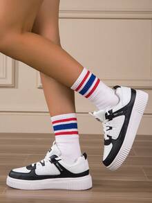 Women's Outdoor Black & White Breathable Mesh Lace-Up Skate Shoes, Campus Casual Fashion Sneakers - Black and White - View 2