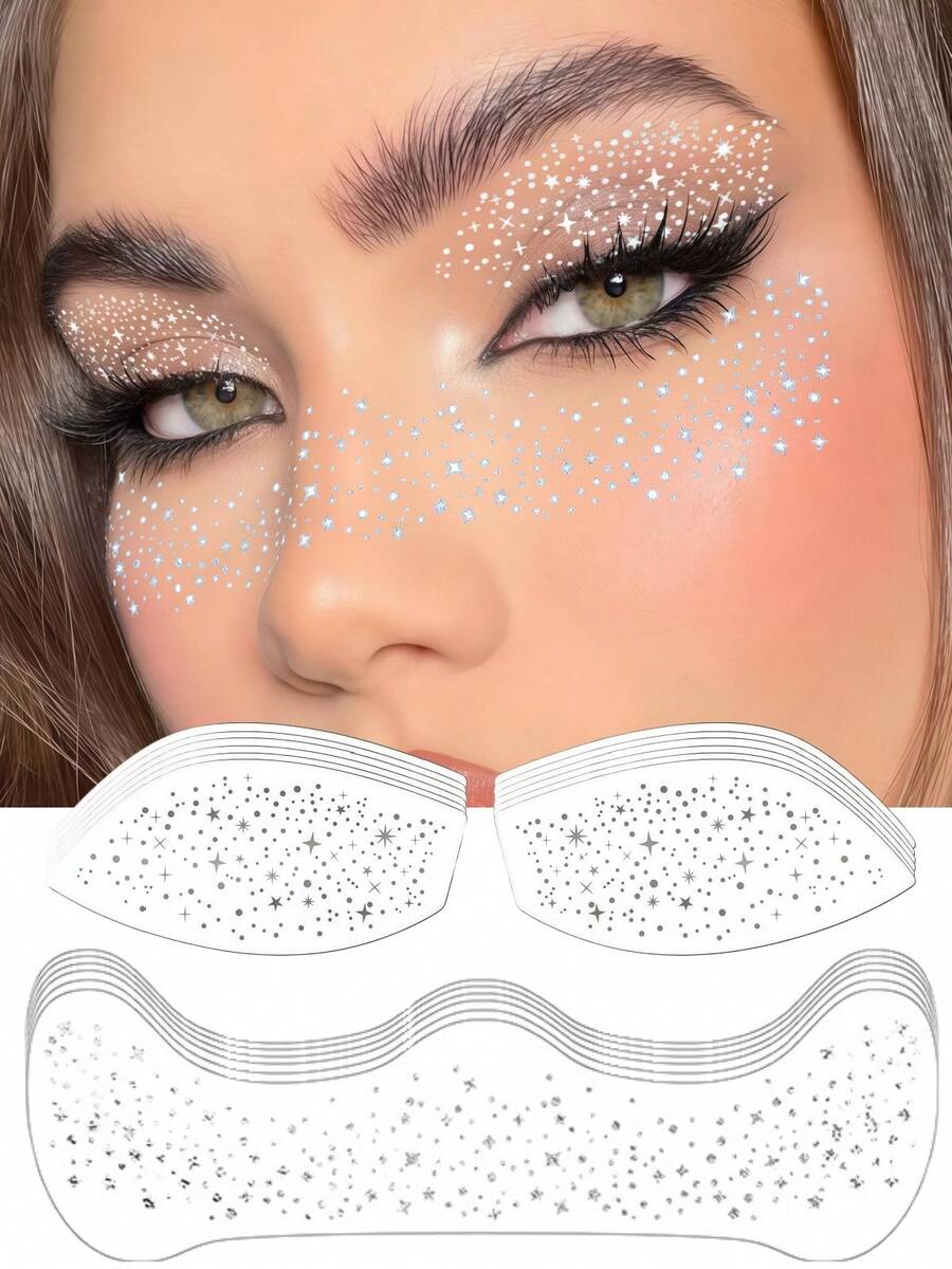 12pcs Silver Glitter Freckle Face Temporary Tattoos, Waterproof Shiny Star Freckle Tattoo Stickers, Suitable For Women, Music Festival, Party, Easter Gift, Summer Ball Accessories - Silver - View 1