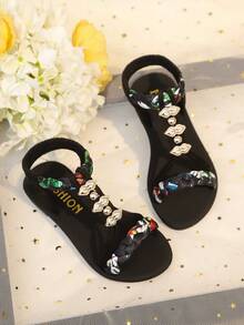 1 Pair Black Girls' Flat Sandals, Colorful Soft Woven Strap Criss-Cross Design With Shiny Bead Decor, Round Toe Slip-On Soft Non-Slip Sole, Fashionable Cute Bohemian Style Beach Sandals, Suitable For Casual, Beach, School, Party Wear, Spring/Summer - Black - View 7