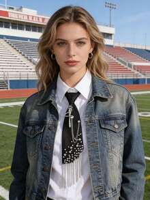 时尚珍珠流苏领带，可调节，无需系带，适合婚礼、派对、节日、旅行等场合，营造氛围。 - 黑色 - 查看 1