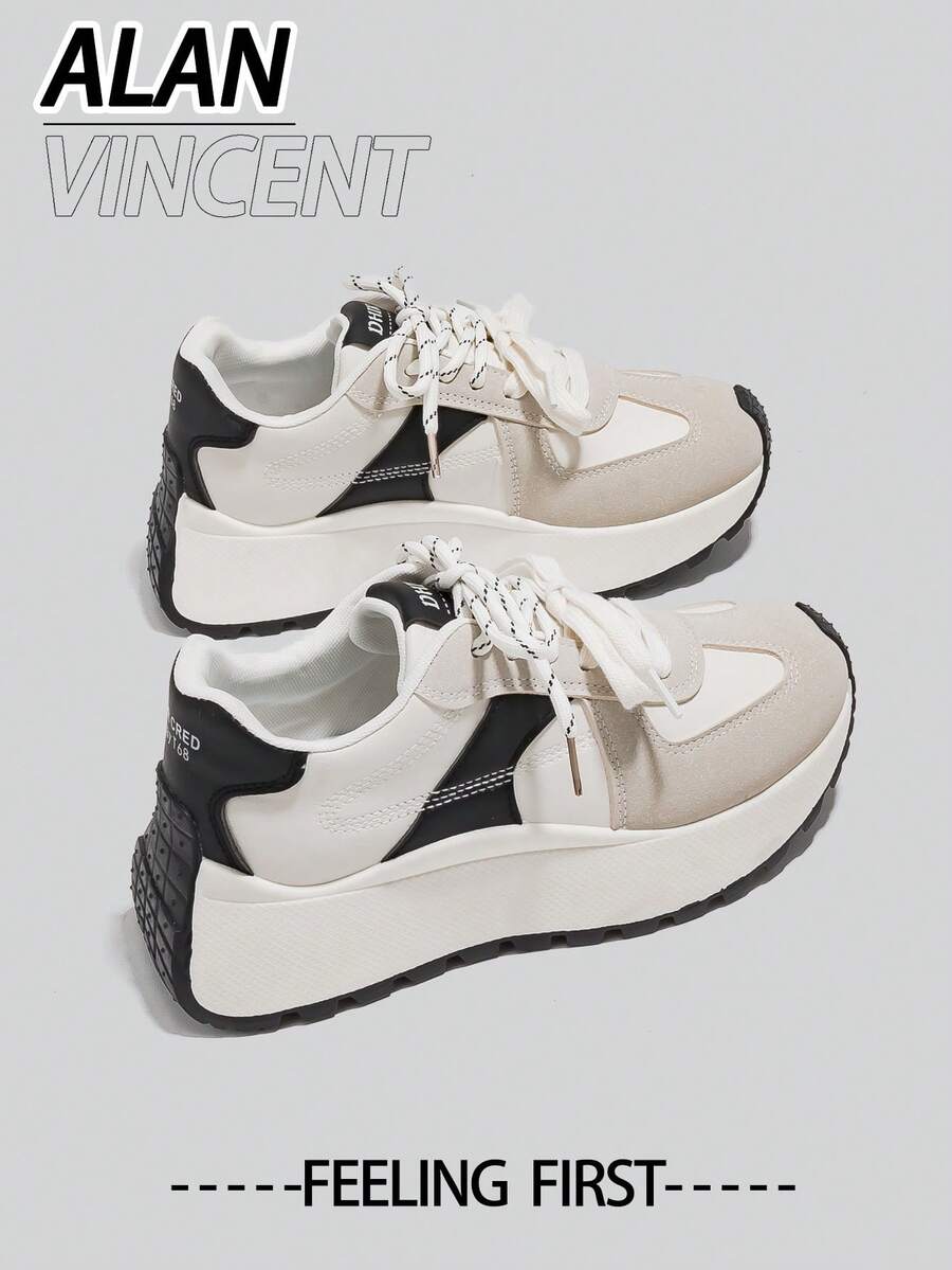 Alan Vincent [免费退换货] [旅行者系列] 春季新款白色厚底运动鞋，舒适时尚增高鞋，休闲运动鞋，女士户外派对鞋，百搭日常鞋 - 白色 - 查看 1