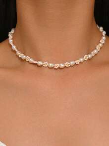 手工串珠粉色雏菊项链，不规则仿珍珠花朵串珠项圈，可爱夏季波西米亚风饰品 - 白色 - 查看 5