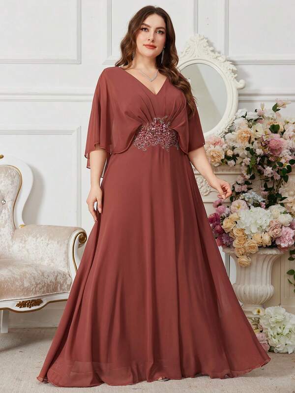 UNITHORSE فستان شيفون للحفلات الراقية، فستان وصيفة العروس، فستان عروس، فستان حفلة عيد الميلاد، فستان تخرج، فستان رسمي للزفاف في الربيع، قياس كبير الحجم، رقبة على شكل حرف V، أكمام خفاش، مزين بالتطريز والخرز