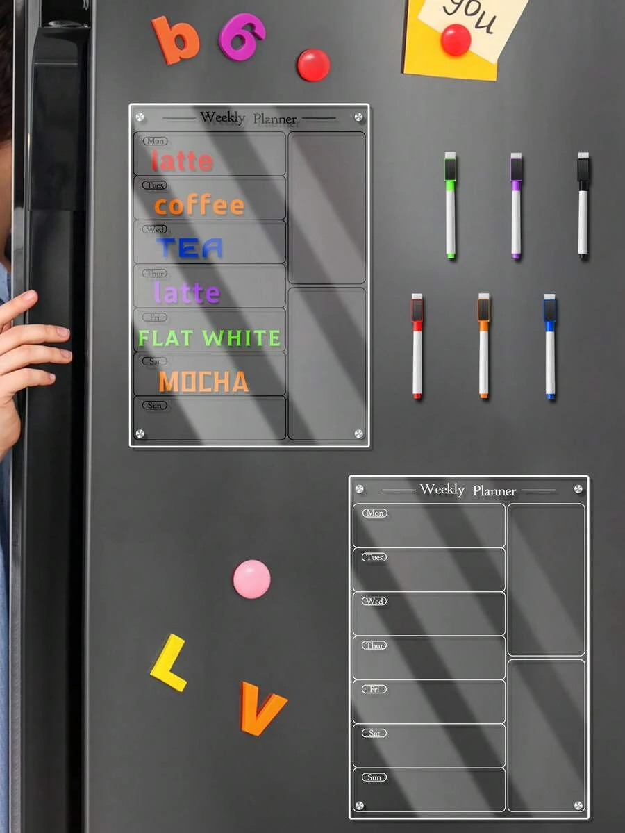 1 Set Of Erasable Magnetic Refrigerator Planner Message Board With 6 Whiteboard Pens, 3D Magnetic Acrylic Weekly Planner Memo Board, Refrigerator Sticker - White - View 1