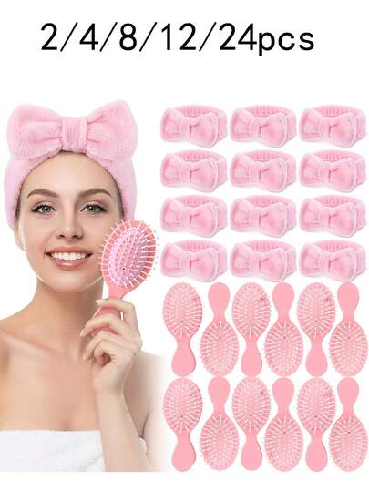 2/4/8/12/24件迷你美发梳套装和SPA头带套装，包含12把干湿两用梳子、12个蝴蝶结装饰化妆头带，女士旅行美发梳套装，适合SPA派对、睡衣派对、新娘送礼会（粉色）