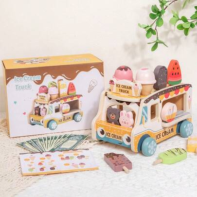 Kids Wooden Ice Cream Cart Toy, Realistic Dessert Push Cart Accessories, Educational Toy Set For Boys And Girls