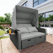Poly Rattan Garden Furniture For 2 People, Garden Sofa, Lounge Sofa, Removable Canopy, Poly Rattan And Foam, Grey - C - View 2
