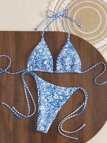 Bộ bikini buộc dây cổ gợi cảm họa tiết da báo mùa hè 2023, thích hợp cho kỳ nghỉ biển. - Bông hoa nhỏ màu xanh lam - Xem 2